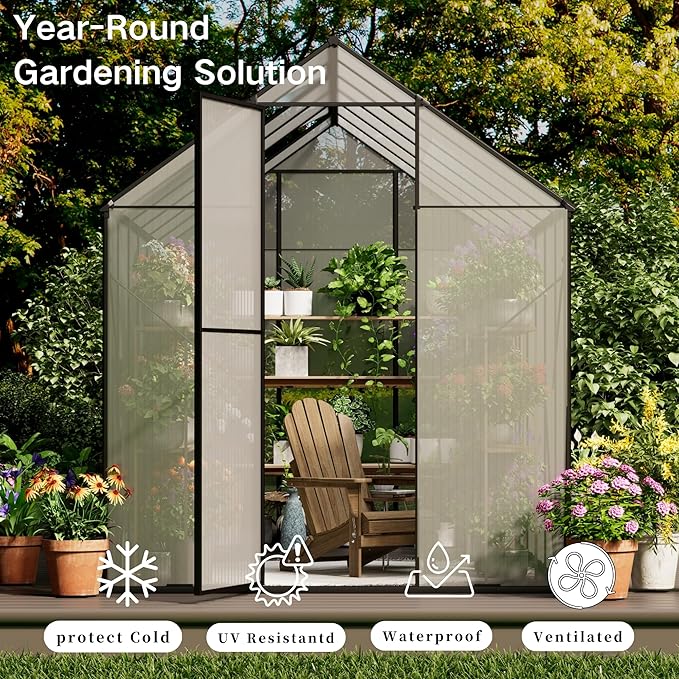 Kingdura 6x12ft Walk-in Greenhouse for Outdoors, Large Polycarbonate Greenhouses with Heavy Duty Aluminum Frame, Adjustable Roof Vent, Lockable Door, UV Protection for Outside Garden Backyard
