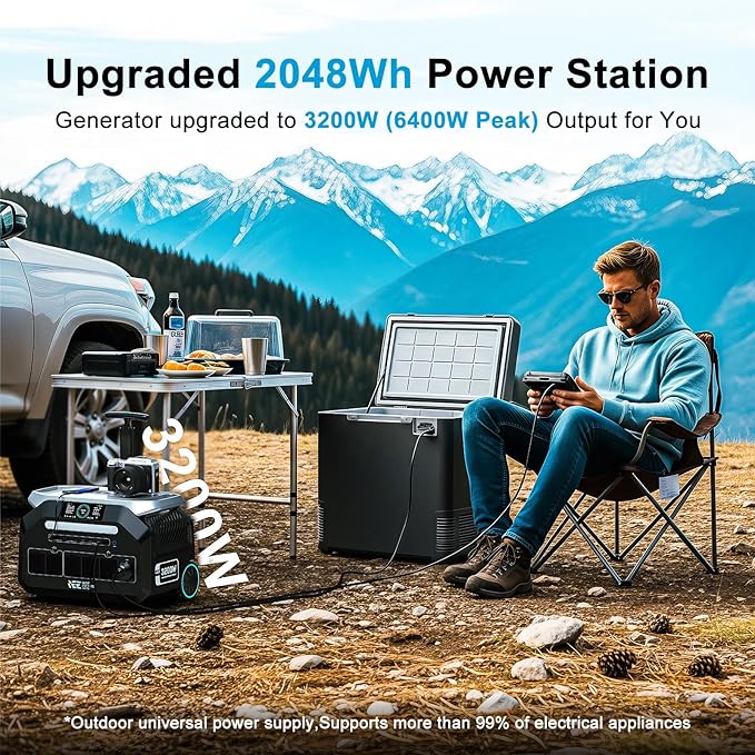 IEE 3200W Portable Power Station P3200 with 2x400W Solar Panel, 2048Wh Solar Generator, 1800W AC Charging, AC Outlets x 4, LiFePO4 Battery Power Station for Home Backup, Camping, RV, Emergency