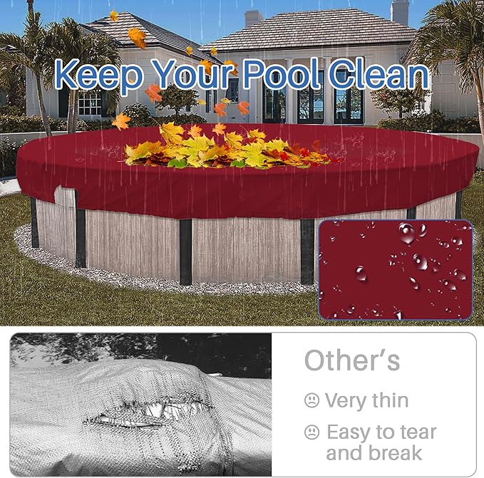ECOOPTS 8 ft Waterproof Round Polyester Pool Cover for Above Ground Pools, Swimming Pool Cover Protector Winter Safety Cover (Red)