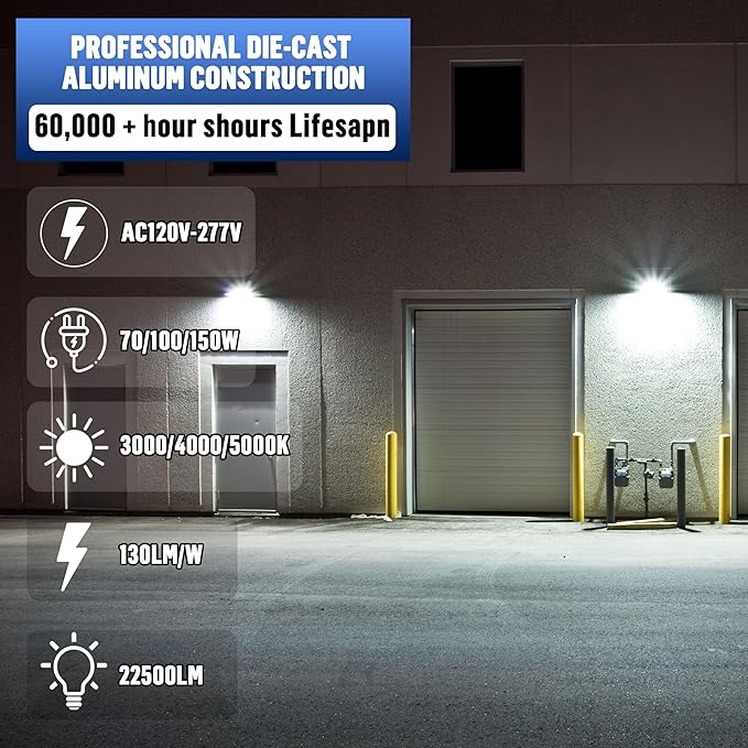 LAMPHOME LED Flood Lights Outdoor 100/120/150W W and 3000/4000/5000K Adjustable 19500Lm,Dusk-to-Dawn Sensor o Dawn Flood Light for Yard, Garage, Garden,UL Listed,Includes Include Slip Fitter Mount