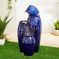 Glitzhome 35.5" H Oversized Outdoor Water Fountain with LED Lights and Pump, 4 Tier Cobalt Blue Embossed Pattern Ceramic Pots Cascading Floor Standing Fountain for Porch Deck Garden Patio Backyard