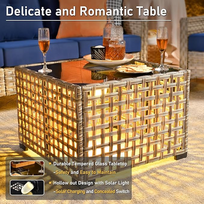 HOOOWOOO Outdoor Sectional Furniture Set,8 Pieces Wicker Patio Conversation Sets,L Shape All Weather Outside Couch Sofa Set with Swivel Chairs Solar Light Table Ottoman,Denim Blue
