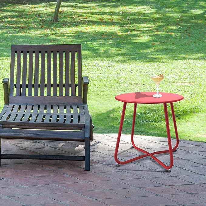 Patio Side Table Waterproof Round Metal Steel Weather Resistant Portable Outdoor and Indoor End Table for Garden Balcony Yard, Dark Red