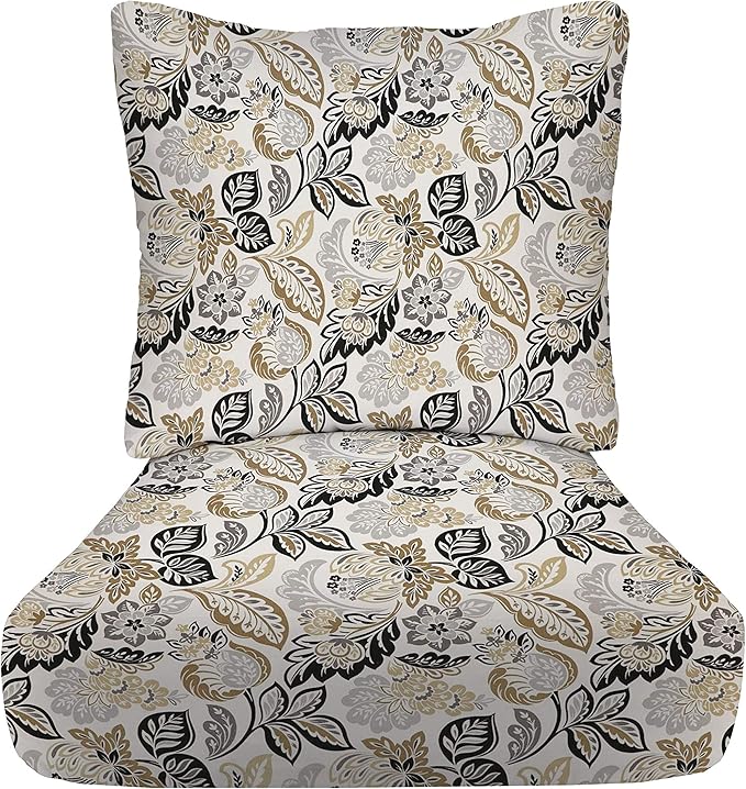 RSH DECOR Deep Seating Cushion with Pillow Back | 22” x 25” Seat | Water and Fade-Resistant Spun Fabric | Outdoor Chair Cushion Set for Patio Furniture | Dailey Pewter Black Floral