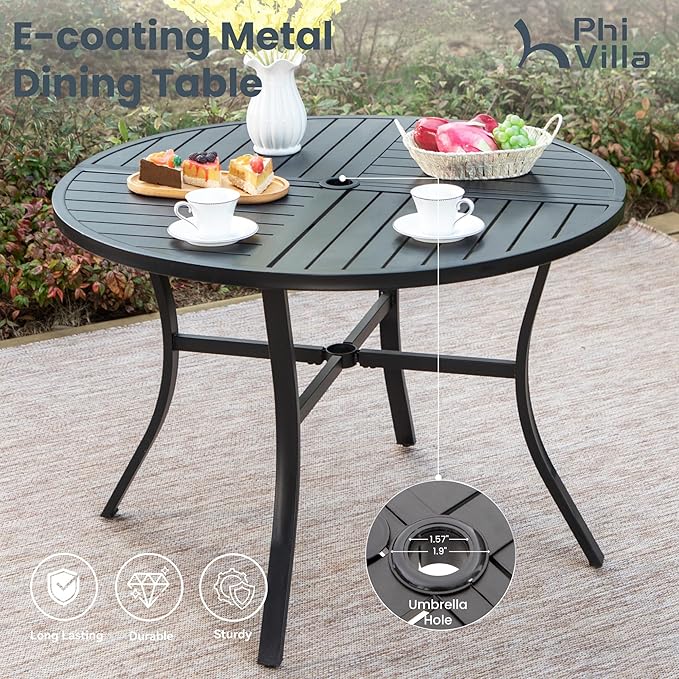 PHI VILLA 5 Piece Patio Dining Set, 4 Outdoor Swivel Dining Chairs and Large Round Dining Table(1.57’’ Umbrella Hole), All Weather Table and High Back Chairs for Outdoor Lawn Garden