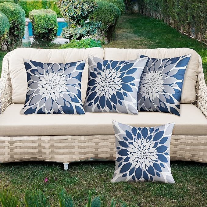 Qahing Pack of 4 Outdoor Waterproof Pillow Covers 16x16 Decorative Outdoor Throw Pillows Garden Square Cases for Patio Furniture, Couch, Tent Sunbrella, Bench, Blue Grey