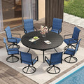 VICLLAX Outdoor Dining Set for 8, Outdoor Furniture Includes 60" Round Patio Table and Swivel Padded Chairs, Black Tabletop and Blue Fabric