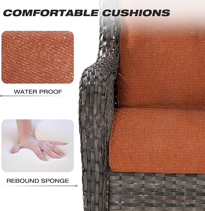 Joyside 4 Pieces Outdoor Patio Furniture Set Wicker Conversation Bistro Set 2 PE Wicker Patio with 2pcs Ottomans for Backyard, Porch, Balcony(Mixed Grey/Orange)