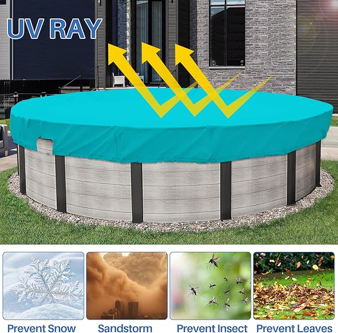 ECOOPTS 11 ft Waterproof Round Polyester Pool Cover for Above Ground Pools, Swimming Pool Cover Protector Winter Safety Cover (Turquoise)