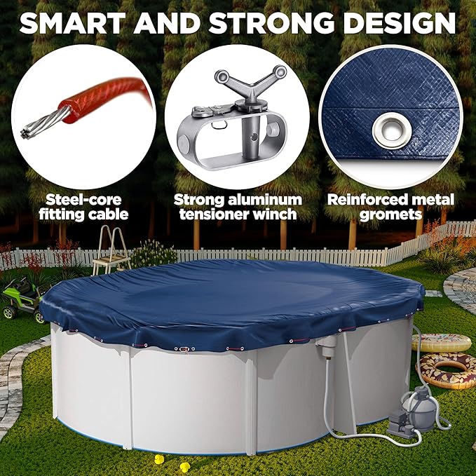12 x 24 ft Oval Pool Covers for Above Ground Pools, Oval Winter Pool Cover, Swimming Pool Cover, Keeps Out Debris, Cold and UV Resistant, Supreme Mesh, Navy Blue
