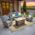 ovios 5 Pieces Patio Furniture Set, Outdoor Wicker Sofa Couch with Swivel Chairs 42" Fire Pit Table, High Back All Weather Modern Conversation Sets, Grey Rattan, Denim Blue