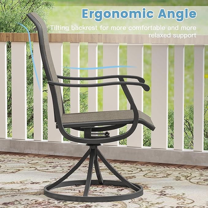 DIFY 7 Pieces Outdoor Patio Dining Set, 6 Brown Textilene Swivel Dining Chairs and 47.2" Walnut Round Dining Table, Metal Outdoor Table and Chairs