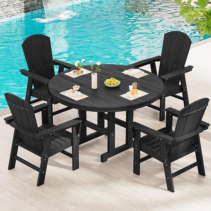 SERWALL 5 Piece Outdoor Dining Set, HDPE Dining Furniture Set with Umbrella Hole, 4 Adirondack Dining Chairs and 45" Round Dining Table, Black
