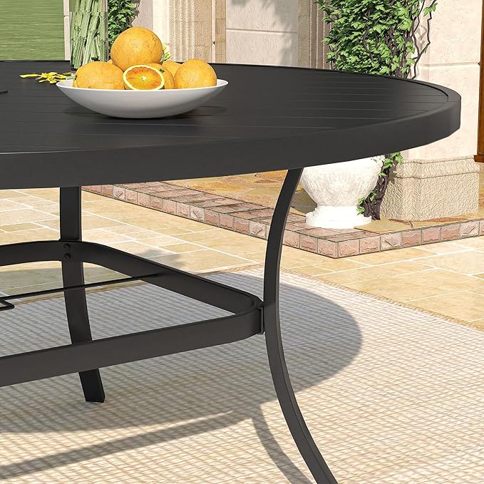 DIFY 60" Round Patio Dining Table for 8-10, Outdoor Metal Dining Table with 1.57" Umbrella Hole for Backyard Lawn Garden, Black