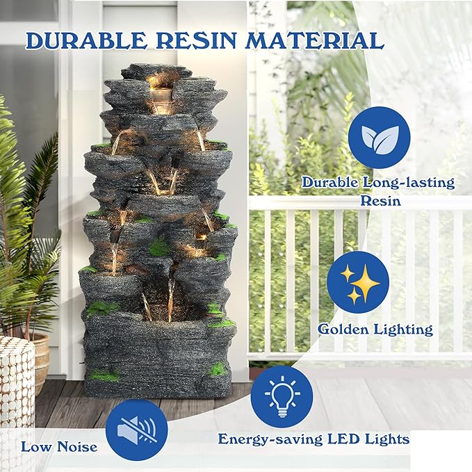 TITIMO 10-Tier Cascading Rock Water Fountain Outdoor Garden Waterfall with Lights,Fountain Indoor Decor for Garden, Patio, Backyard, Deck, Porch and Home Art Decor