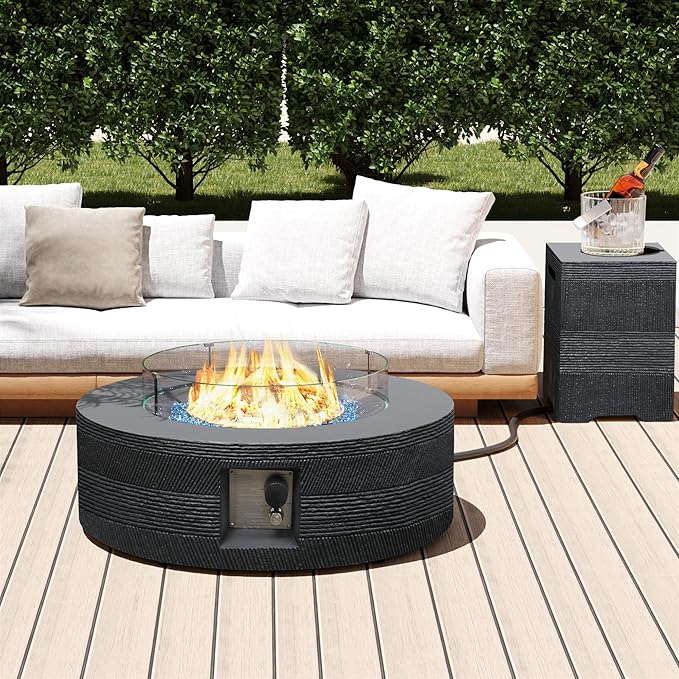 UPHA 42-inch Outdoor Propane Gas Fire Pit Table 50000 BTU Concrete Rectangle FirePit for Outside Patio with Propane Tank Cover, Wind Guad, Navyblue Fire Glass, Rain Cover, Grey Texture
