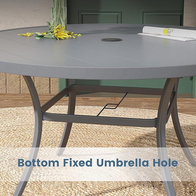 DIFY 60" Round Outdoor Patio Dining Table for 8-10, Metal Patio Table with 1.57" Adjustable Umbrella Hole, All-Weather Dining Furniture Table for Backyard Lawn Garden, Grey