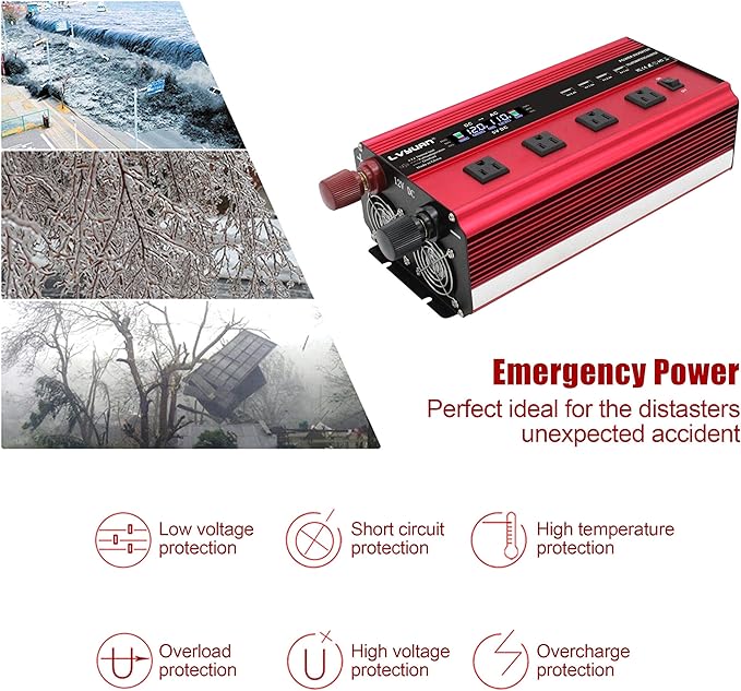 LVYUAN Power Inverter with 4 AC Outlets, LCD Display, Wireless Remote Control, Car Power Inverter for Car, RV, Truck, Off Grid Solar System, Camping (Red, 12V-2200W)