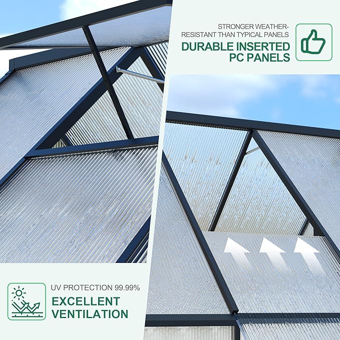 6'x7' Aluminum-Framed Polycarbonate Greenhouse, Heavy Duty Polycarbonate Greenhouse with Quick Setup Structure and Roof Vent, Large Enhanced Aluminum GreenhouseKit for Outdoors