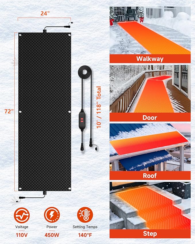 24" x 72" Heated Snow Melting Mat for Walkways – Graphene 2.0 Fast Melt, Connectable & Non-Slip Outdoor Snow Melt Mat