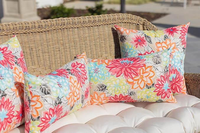 RSH DECOR: Lumbar Throw Pillows Set of 2 | 20” x 12" | All-Weather Spun Fabric | Water and Fade-Resistant | Outdoor Support Pillows for Patio Furniture | Livi Courtyard Floral