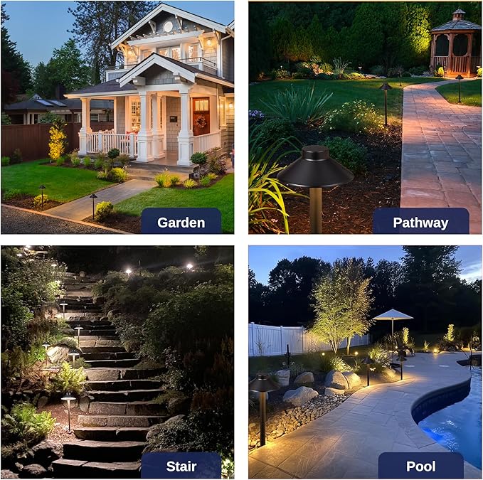 Gardenreet Brass Landscape Path Lights - 12V Low Voltage Pathway Light IP65 Waterproof, Outdoor Walkway Lighting Wired, Hat Black for Patio Lawn with 3W 4000K Neutral White G4 Bulb (10 Pack)