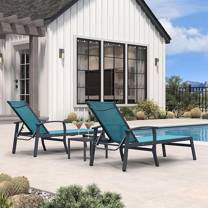 PURPLE LEAF Chaise Lounge Chair Outdoor 2 Pieces Pool Lounge Chairs 5 Adjustable Position with Armrests and Side Table Aluminum Patio Lounge Chair for Outside Backyard Beach Pool, Turquoise Blue