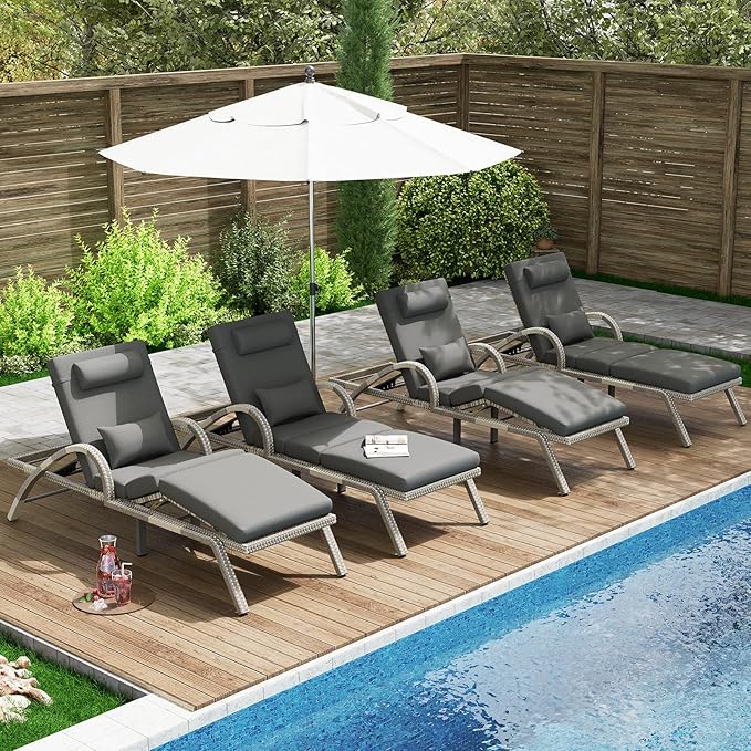 MEISSALIVVE Outdoor Lounge Chairs Set of 4, Patio Chaise Loungers with Adjustable 5 Position & Leg Support, PE Rattan Chaise Lounge, Wicker Pool Recliners Chair for Backyard, Porch, Deck, （Grey