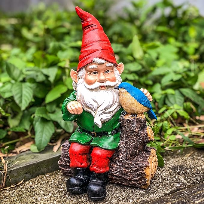 Garden Gnome Statues with Bird Resin Sculpture Gnome Sitting on The Stump Outdoor Statues for Outdoor Garden Decor