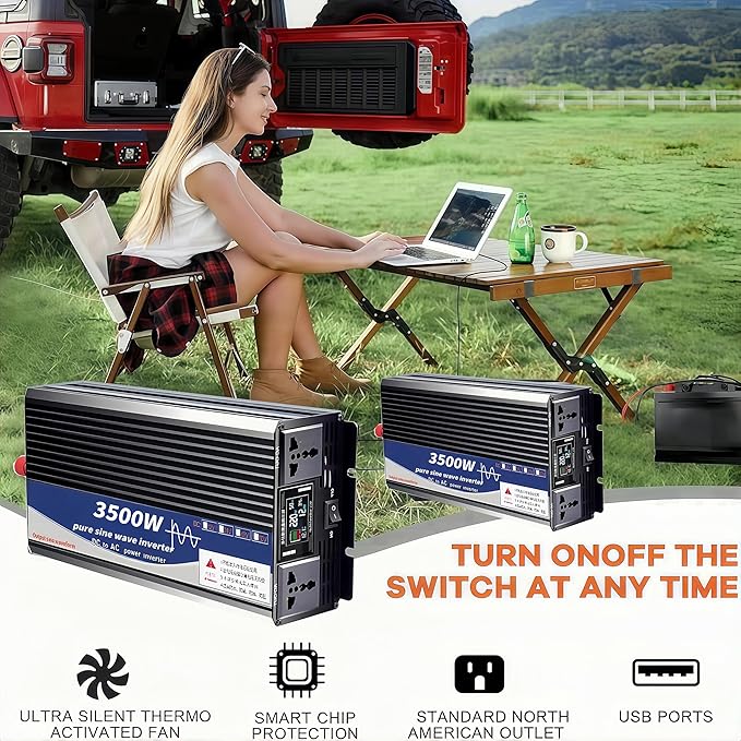3500W Power Inverter 12V DC to 110V AC Converter with LED Display Dual AC Outlets Dual Fans Radiating for RV, Camp, Boat and Home Emergency Portable Pure Sine Wave Inverter (Smart Screen, 3500W 12V)