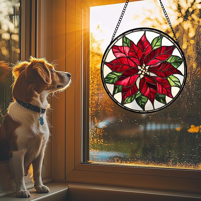 Stained Glass Window Hanging - Red Poinsettia Birth Flower Suncatcher for Door Garden Yard Sun Catchers Decor Christmas Mother's Day Birthday Gifts for Women Mom Nana Friend Men 7.8 in