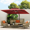 10 X 13 FT Cantilever Outdoor Patio Umbrella with Led Lights Large Heavy Duty 360° Rotation Double Top Offset Rectangular Umbrellas for Backyard Garden Pool Outside Deck, Red