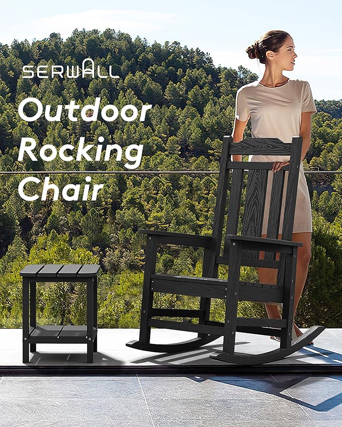 SERWALL Black Outdoor Rocking Chair Set of 2, All Weather Patio Rocking Chair, HDPE Poly Rocking Chair for Adults, Heavy Duty Front Porch Rocker