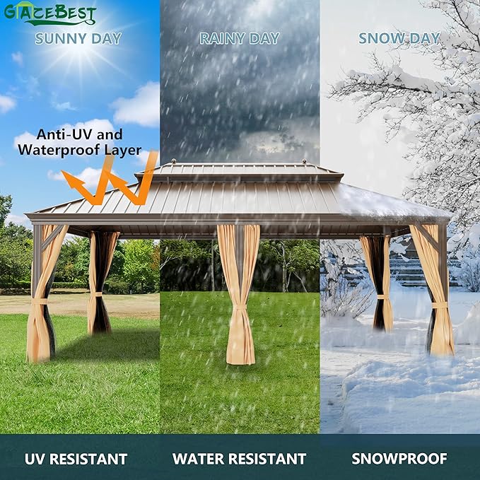 12' X 22' Hardtop Gazebo, Outdoor Galvanized Steel Double Roof Permanent Aluminum Frame Pavilion Pergola Canopy with Privacy Curtains for Garden, Patio, Backyard, Deck and Lawns.