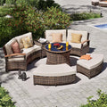 MEISSALIVVE 8 Piece Outdoor Patio Furniture Set, Half-Moon Curved Sectional Set with Wood Armrests, Patio Conversation Set, 2 Half-Moon Ottomans, Round Table & Side Table (Brown)
