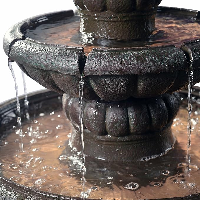 Teamson Home Deluxe Pineapple Pedestal 2 Tiered Floor Waterfall Fountain with Pump for Outdoor Patio Garden Backyard Decking, 39 Inch Height, Iron Gray
