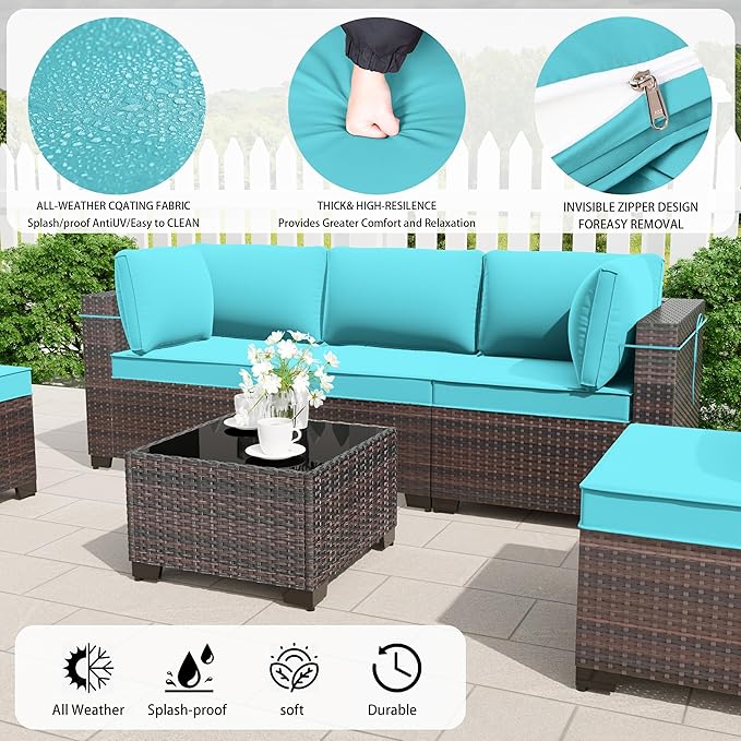 Outdoor Patio Furniture Set with Propane Fire Pit Table, 15 Pieces Outdoor Furniture Patio Sectional Sofa Conversation Sets w/ETL Approved Gas Outdoor Fire Table & Coffee Table(Blue)