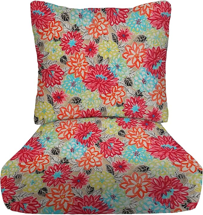 RSH DECOR Deep Seating Cushion with Pillow Back | 24” x 26” Seat | Water and Fade-Resistant Spun Fabric | Outdoor Chair Cushion Set for Patio Furniture | Artistic Floral