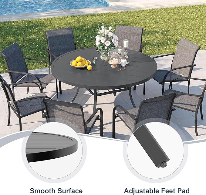 VICLLAX 53" Round Patio Dining Table for 6-8, Metal Outdoor Dining Table with Umbrella Hole for Garden, Patio, Balcony, Dark Grey