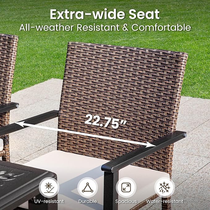 PHI VILLA 5 Pieces Outdoor Dining Set with Umbrella for 4, 37" Square Metal Dining Table & 4 Cushioned Wicker Rattan Chairs with 10ft Navy Blue Umbrella for Patio, Deck, Yard, Porch
