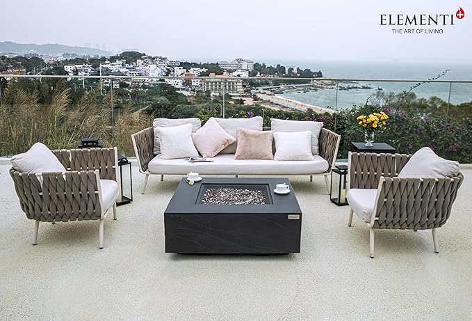 Elementi+ | Bundle Roraima Gas Fire Pit Cast Concrete 40" Square Fire Table, Outdoor Fire Pit Electronic Ignition | Canvas Cover, Fire Glass and Burner Lid Included | Dark Gray | Propane Gas