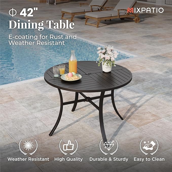 Patio Table and Chairs Set for 4, 5 Pieces Outdoor Dining Set, 4 Blue Textilene Chairs and 42" Metal Round Table with Umbrella Hole, for Deck Garden Backyard Lawn Poolside