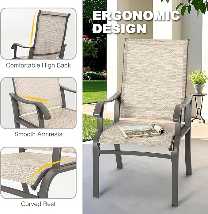 NUU GARDEN Patio Dining Chairs Set of 2, Outdoor Dining Chair with Powder-Coated Frame, All Weather Metal Dining Chairs with Textilene High Back and Wider Seat for Backyard, Deck, Balcony, Beige