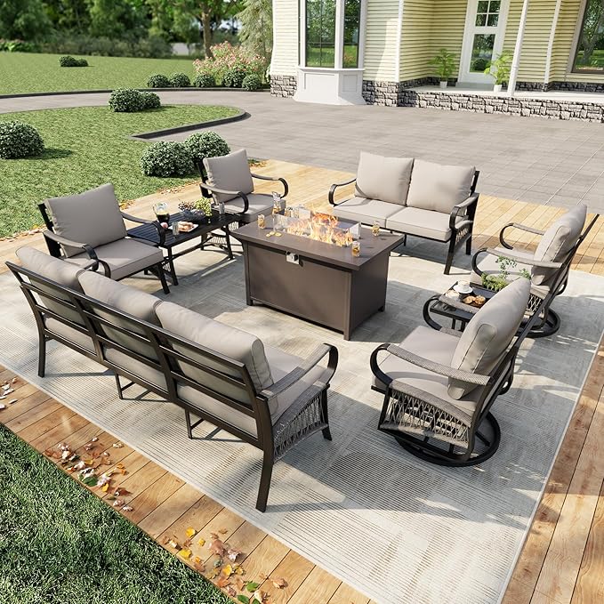 9 Pieces Outdoor Patio Conversation Sets with All Weather Cushions, Metal 3-Seater, 2 Swivel Rockers, 2 Single Chairs, 1 Loveseat, 1 Side Tables, 1 Coffee Table, 1 Fire Pit Table, Beige