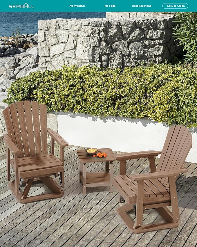 SERWALL Adirondack Swivel Glider Chair, HDPE Swivel Glider Set of 4 for Outdoor, All-Weather Glider Chair for Porch, Balcony, Wood Brown