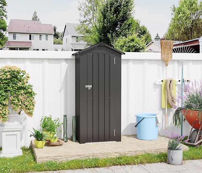 KEIKI Outdoor Metal Storage Shed 2.5' x 1.4', Lockable Tool Cabinet with Sloping Roof, Small Vertical Garden Storage for Backyard, Patio, Lawn, Black