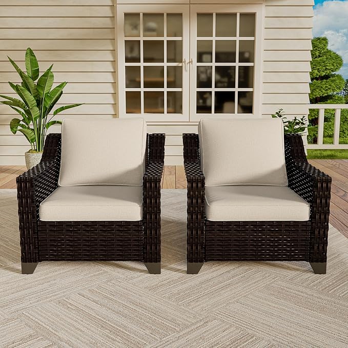 Vista Vibe 2 Pieces Outdoor Armchairs, Patio Conversation Furniture Set, Washable Cushions, Luxurious Hand-Woven PE Rattan, Garden, Bistro, Deck, Backyard (Brown/Beige)