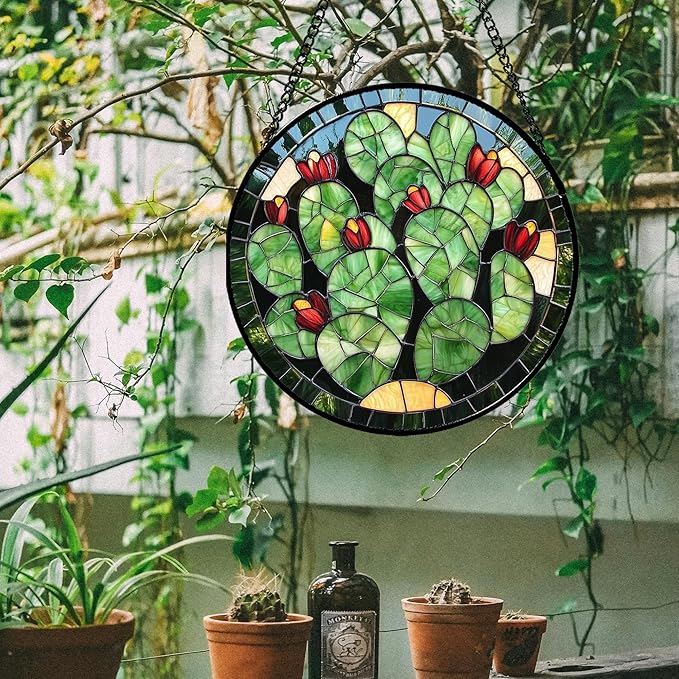 Stained Glass Window Hanging - Green Cactus Suncatcher for Doors Garden Patio Retro Plants Sun Catchers Decor Christmas Mother's Day Birthday Gifts for Women Men Mom Nana Friend 11.8 in