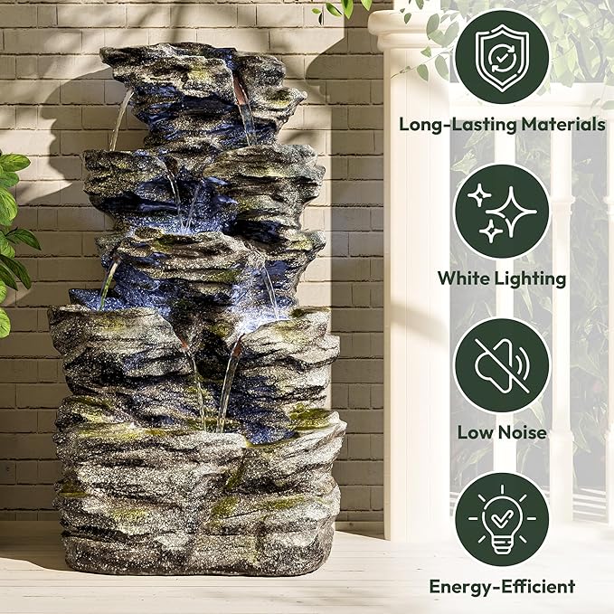 34.3" H Outdoor Water Fountain with LED Lights, 5-Tier Cascading Rock Waterfall for Yard, Garden, Patio, Outdoor Decor Water Features