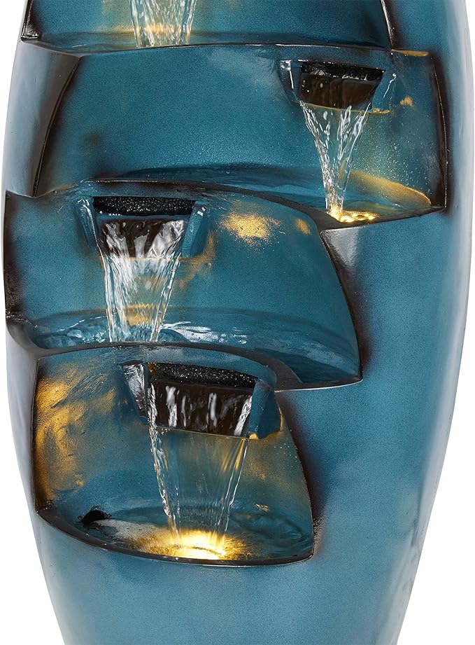 Alpine Corporation TZL382 39" 5-Tier Cascading Waterfall Fountain with LED Lights – Outdoor Water Feature for Garden, Patio, Yard, and Deck, Blue